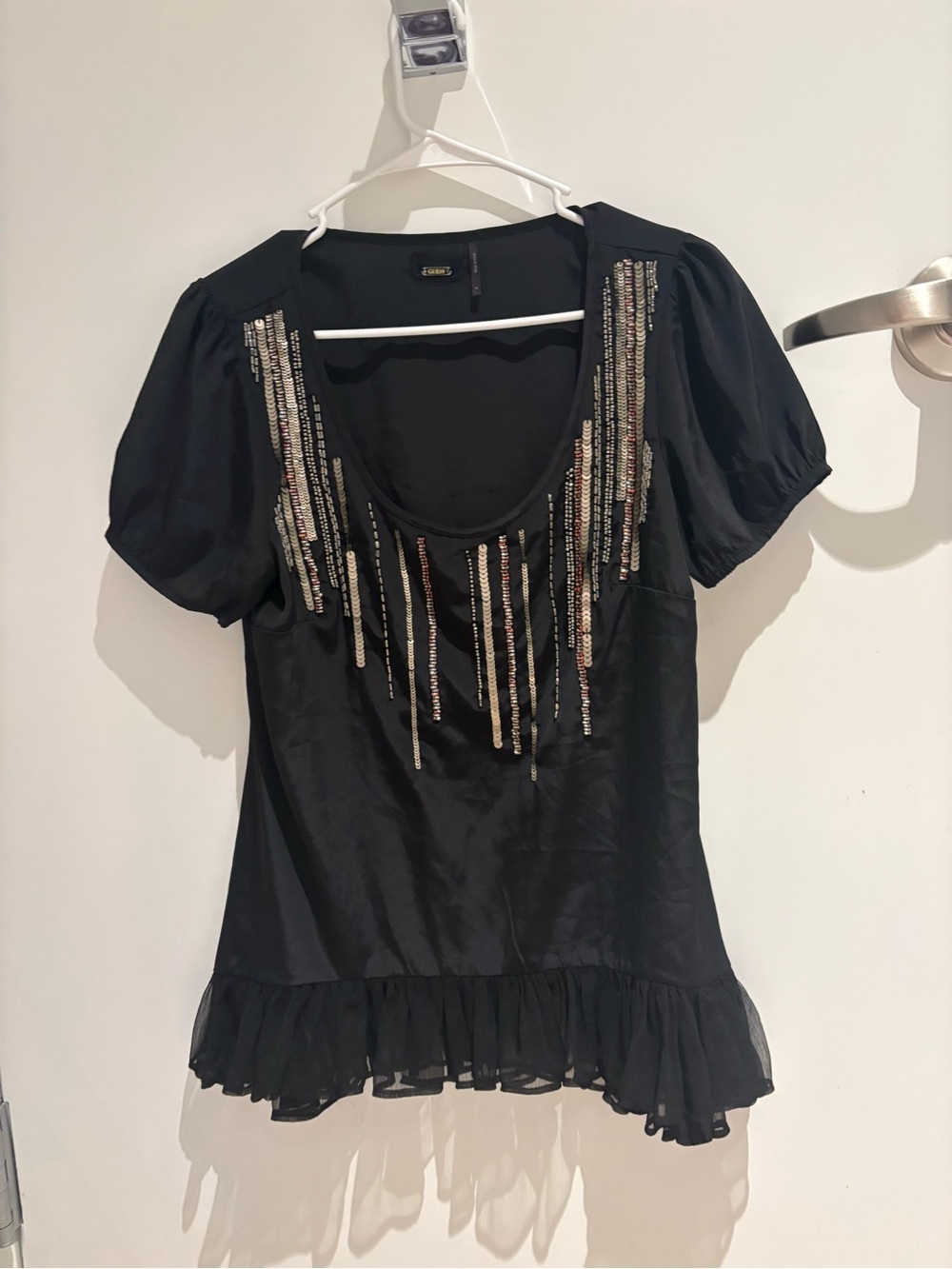 Guess Black Short-Sleeve Beaded Scoop Neck Blouse